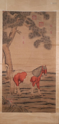 A Fine Horse Paper Scroll Painting By Lang Shining