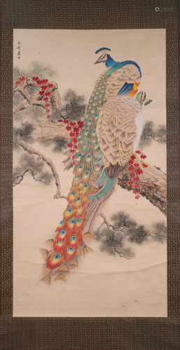 A Lovely Peacock Paper Scroll Painting By Zhang Daqian