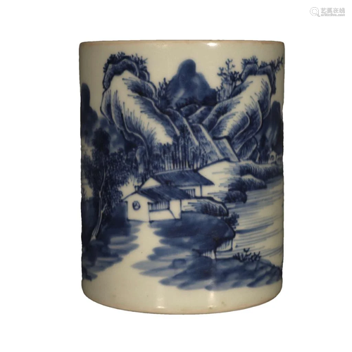 A Delicate Blue And White Landscape Brush Pot