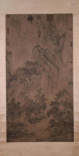 A Gorgeous Landscape Silk Scroll Painting By Wang Wei