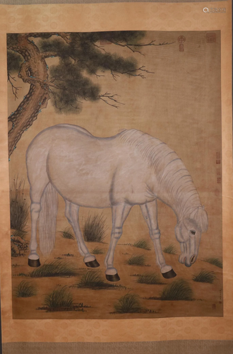 A Gorgeous Horse Silk Scroll Painting By Lang Shining