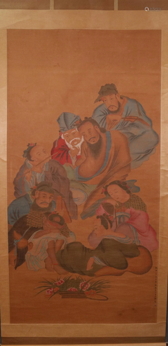 A Gorgeous Figure Silk Scroll Painting By Li Gonglin