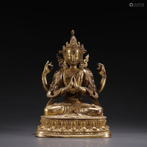 A Fine Gilt-bronze Figure of Four-armed Guanyin