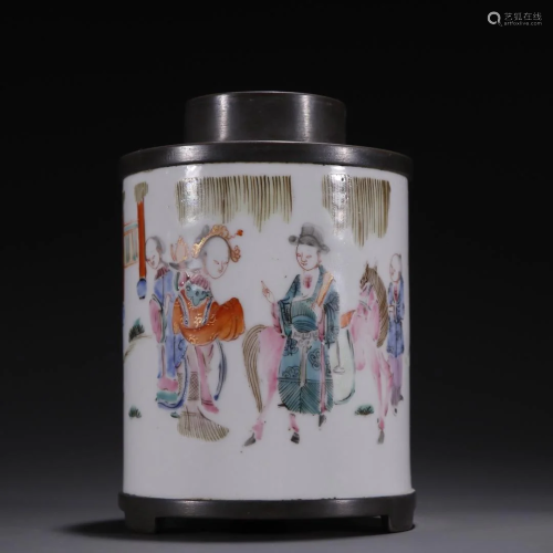 A Rare Tin and Porcelain 'Character Story' Tea Jar