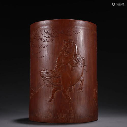 A Bamboo Pen Holder With Figure and Ox Pattern