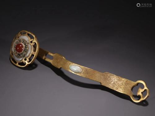 A Fine Gilt-bronze Inlaid Gems Ruyi Scepter