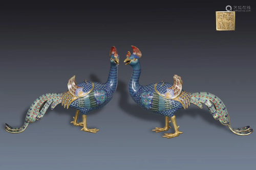 A Pair of Gilt-bronze Cloisonne Enaml Suzaku Ornaments