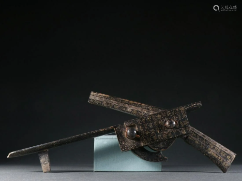A Rare Bronze Inlaid Silver Poetry Pattern Crossbow