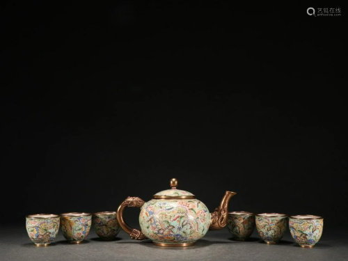 A Set of Bronze Enamel Teapot and Cups