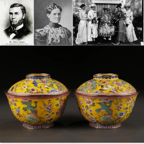 A PAIR OF ENAMELED BRONZE BOWLS, WITH LID.