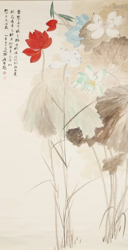 A LOTUS FLOWERS PAINTING BY ZHANG DAQIAN.
