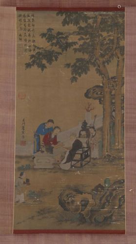 A FIGURE STORY PAINTING ON SILK BY TANG BOHU.