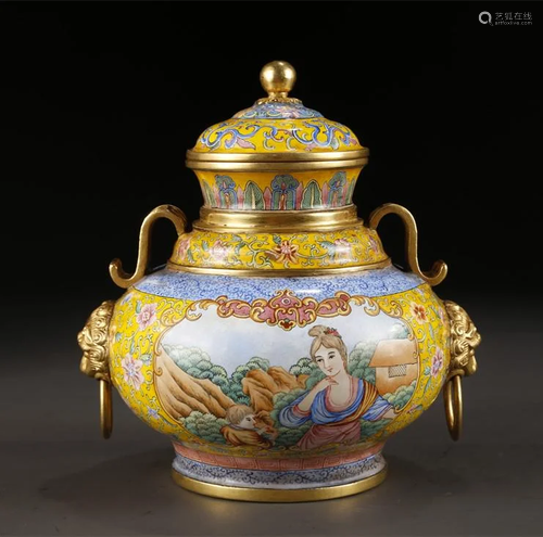 AN ENAMELED BRONZE POT WITH FIGURE MOTIF.