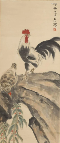 A ROOSTERS PAINTING ON PAPER BY XU BEIHONG.