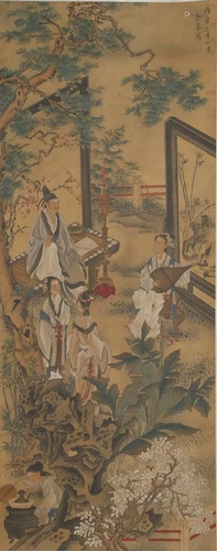 A FIGURE STORY PAINTING ON SILK BY YU JI.