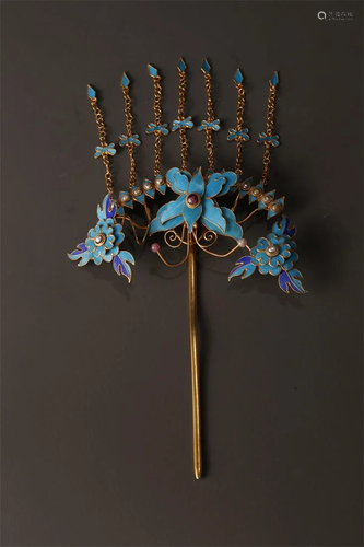 A GILT SILVER KINGFISHER CRAFT HAIRPIN.