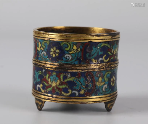 A GILT CLOISONNE TRIPOD CENSER.