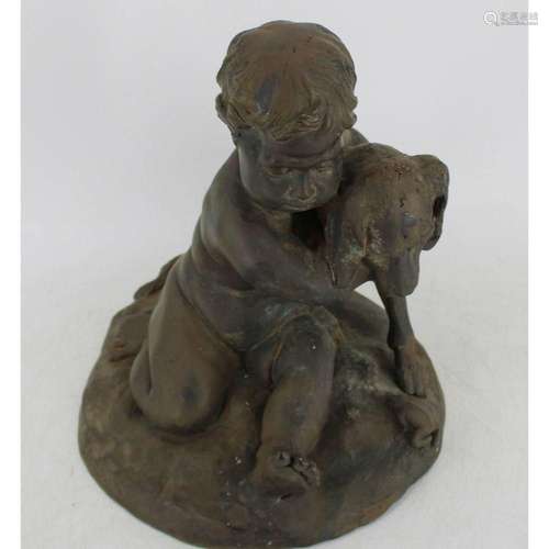 Unsigned Antique Bronze Sculpture Of Child & Dog.