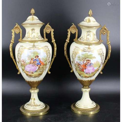 A Large Pair Of Sevres Porcelain Lidded Urns.