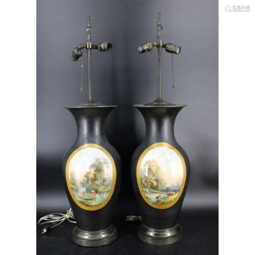 Large Pair of Black Porcelain Urns as Lamps.