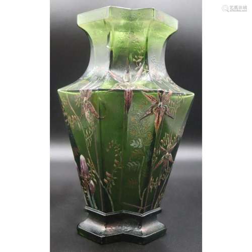 Emile Galle Acid Etched and Enamel Decorated Green