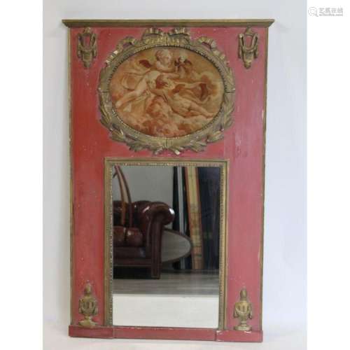 Antique Paint Decorated Trumeau Mirror.