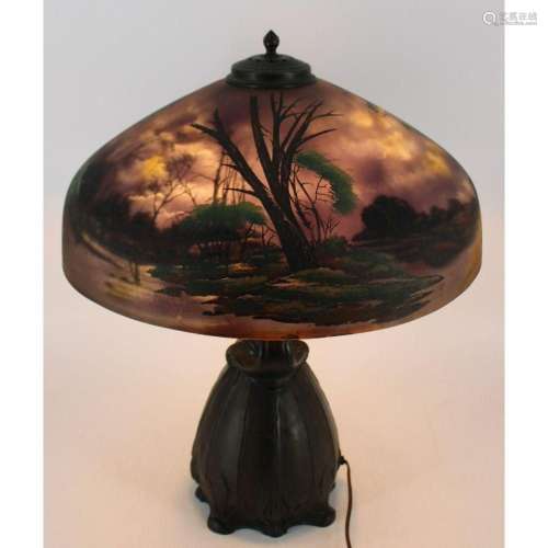 Antique Patinated Metal Table Lamp With Reverse