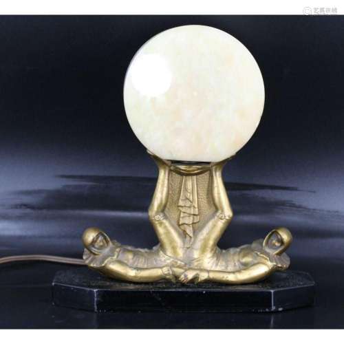 Art Deco Gilt Metal Figural Lamp With Onyx Shade.