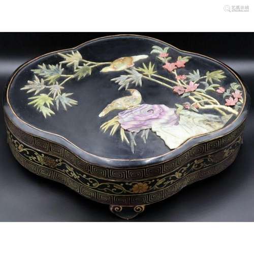 Large Asian Lacquered and Carved Stone Lidded Box