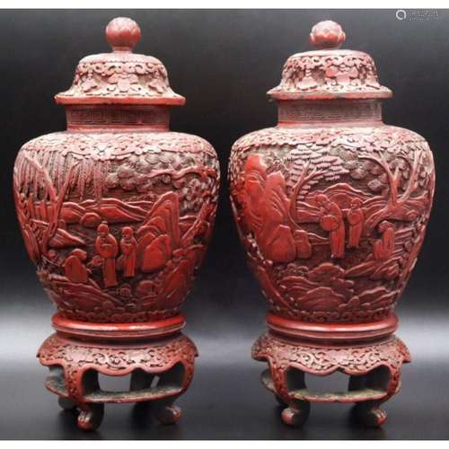 Pair of 18th C Chinese Cinnabar Lidded Urns on