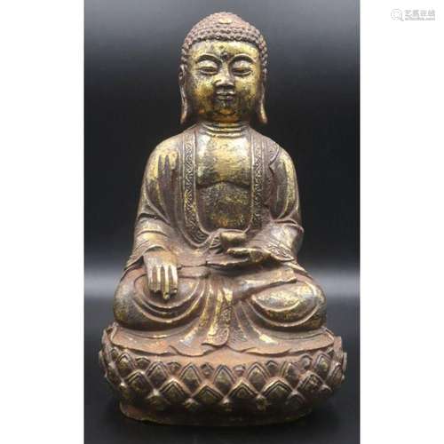 Gilt Metal Seated Buddha on Lotus Base.