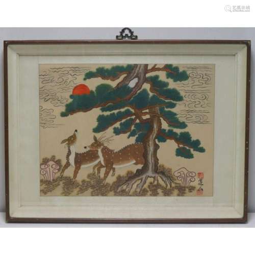 Signed Asian Painting of Two Deer.