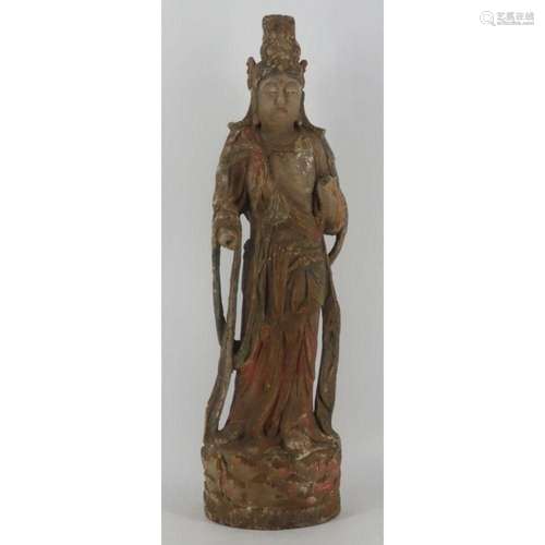 Antique Paint and Gessoed Carving of a Guanyin.