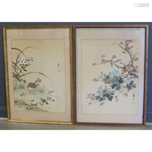 (2) Signed Asian Watercolors of Birds and Flowers.