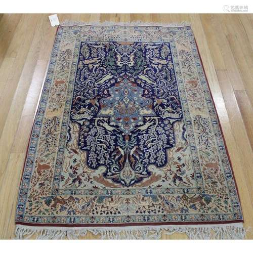 Vintage & Finely Hand Woven Silk Pictorial Carpet