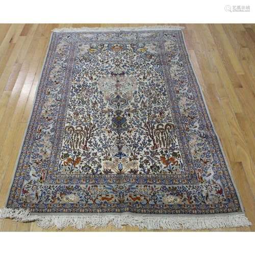 Vintage & Finely Hand Woven Silk Pictorial Carpet