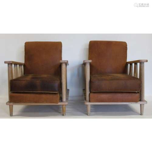 Pair of Blonde Wood Arm Chairs with Leather