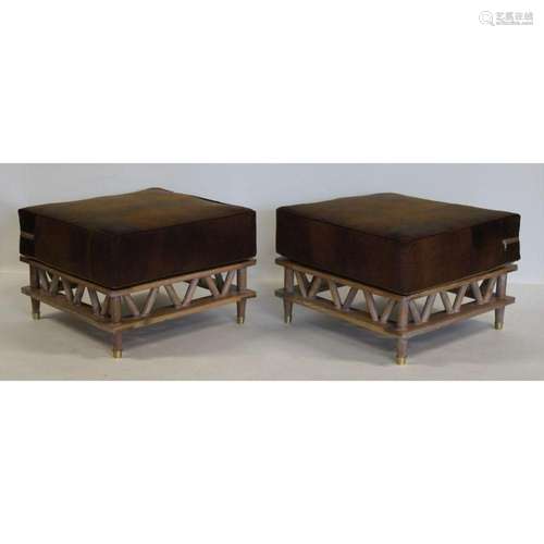 A Pr Of Blonde Wood Ottomans With Leather.