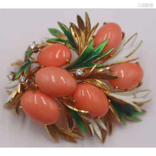 JEWELRY. 18kt Gold, Coral, Enamel & Diamond Brooch