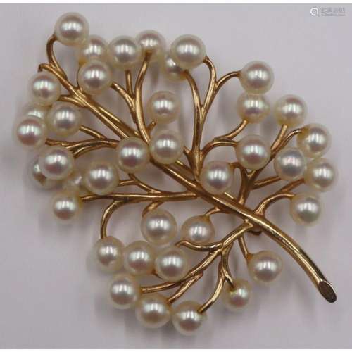 JEWELRY. 14kt Gold and Pearl Tree Form Brooch.