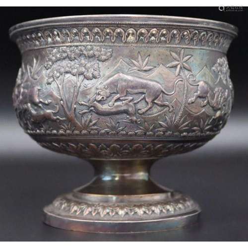 SILVER. Indian Repousse Silver Pedestal Bowl.