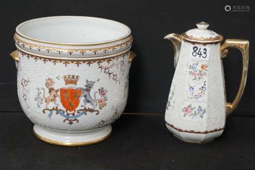 Cafetière + cache-pot en porcelaine - Ca.1900 - Peint à la m...