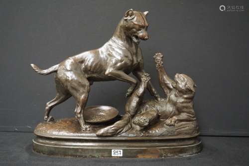 "Chat et chien" - Grande sculpture en bronze - Sig...