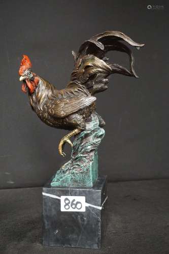 Coq en bronze sur socle en marbre - Signé MILO - Patine poly...