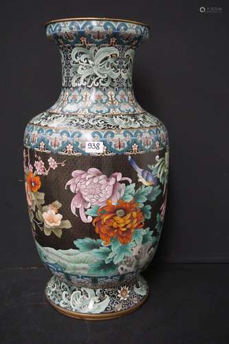 Grand vase chinois en cloisonné - Décoré d'oiseaux et de...