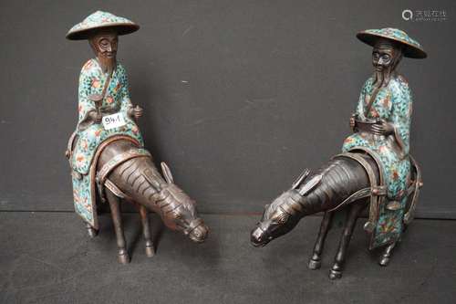 2 statues asiatiques en bronze et cloisonné - "Cavalier...