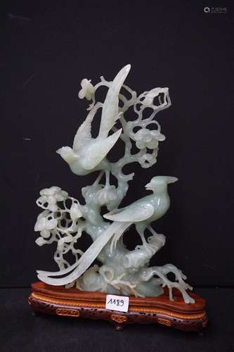 Beau grand groupe chinois en jade - Oiseaux et fleurs" ...