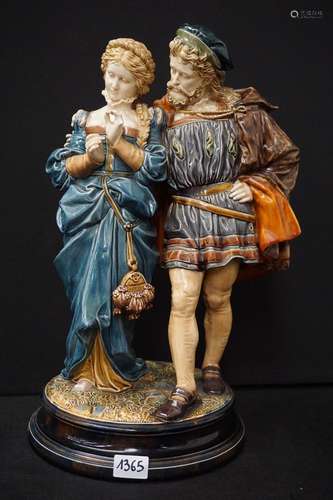 Belle grande sculpture en barbotine - Polychrome - Couple d&...