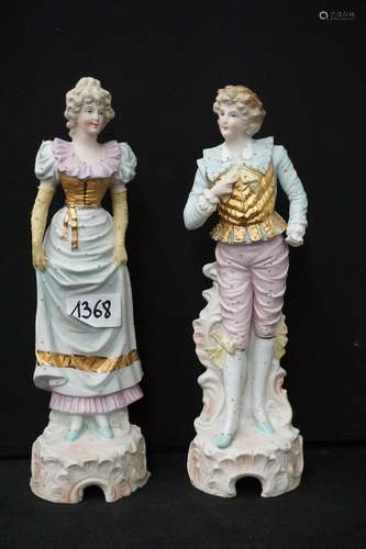 2 Statues en biscuit - Ca.1900 - Polychrome - "Couple é...