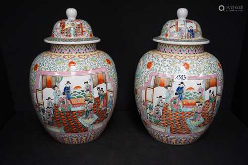 2 vases à couvercle chinois en porcelaine - Décoration de pe...